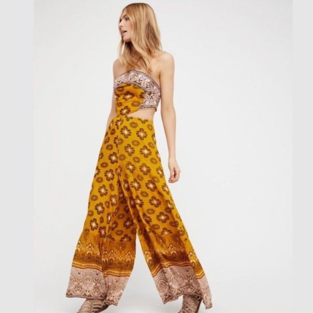 Free People Mustard Yellow Printed Strapless Cutout Jumpsuit